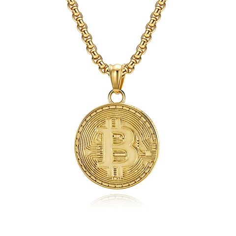 Collar con Colgante de Bitcoin Criptomoneda Hip Hop para Hombres Mujeres Acero Inoxidable Redondo Oro Plata Negro Joyería Pulida Regalo
