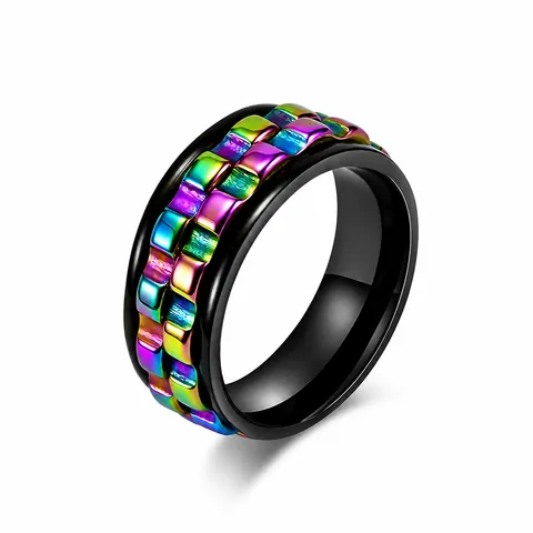 Men's Rotatable Stainless Steel Spinner Ring Industrial Gear Chain Texture Decompression Anxiety Relief Band Ring Jewelry