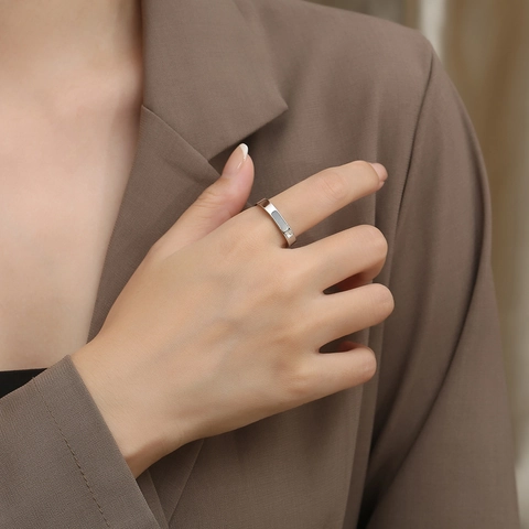 Minimalist Titanium Steel Square Ring For Women Geometric Mother Of Artificial Pearl Inlay Cubic Zirconia Fashion Commuting Jewelry