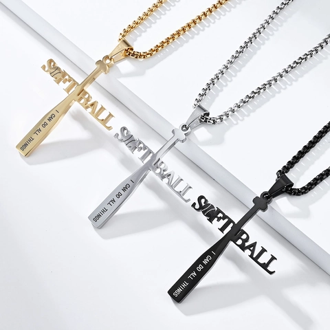 Collier Croix Batte de Baseball en Acier Inoxydable pour Hommes Pendentif Sportif Inspirant Chaîne Vénitienne Bijoux Religieux