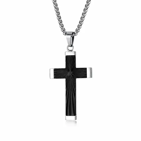 Stainless Steel Cross Pendant Necklace For Men Women Sunburst Pattern Box Chain Necklace Gold Silver Black Religious Jewelry