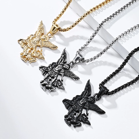 Vintage Roestvrij Staal Aartsengel Michaël Hanger Ketting Voor Heren Religieuze Bescherming Polijsten Box Ketting Retro Sieraden