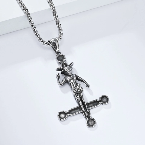 Gothic Baphomet Goat Head Inverted Cross Titanium Steel Pendant Necklace Retro Punk Occult Jewelry For Men Women