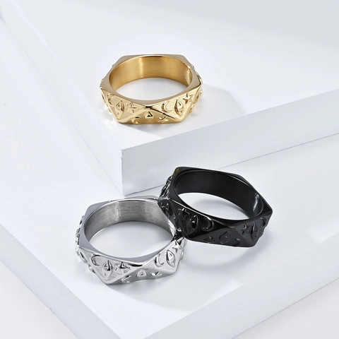 Anillo Hexagonal Místico de Acero Inoxidable para Hombre Mujer Estrella Luna Ojo en Relieve Pulido Punk Band Ring Joyería de Moda Bohemia Regalo