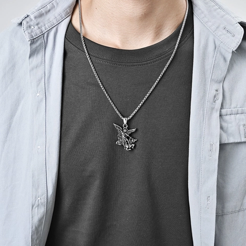 Aartsengel Michaël Hanger Ketting Mannen Vrouwen Vintage Roestvrij Staal Religieuze Bescherming Amulet Beschermengel Sieraden