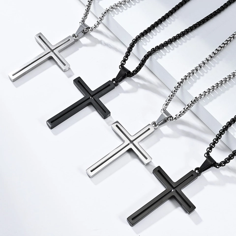 Collar con Colgante de Cruz de Acero Inoxidable Minimalista para Hombre Mujer Cadena de Suéter Geométrica Pulida Joyería de Moda
