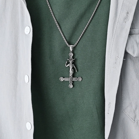 Gothic Baphomet Goat Head Inverted Cross Titanium Steel Pendant Necklace Retro Punk Occult Jewelry For Men Women