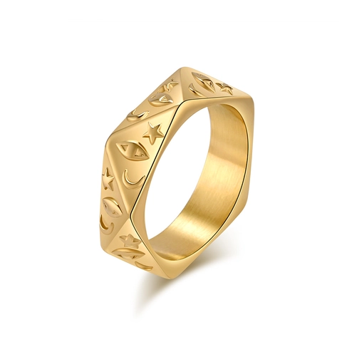 Anillo Hexagonal Místico de Acero Inoxidable para Hombre Mujer Estrella Luna Ojo en Relieve Pulido Punk Band Ring Joyería de Moda Bohemia Regalo