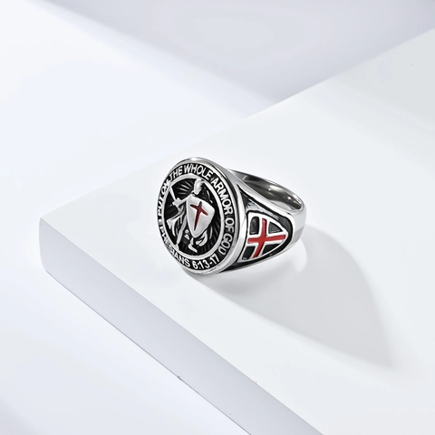 Knights Templar Shield Cross Ring Men Titanium Steel Religious Bible Verse Armor Of God Ephesians Retro Polished Jewelry