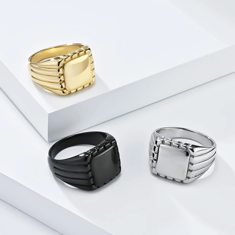 Men Stainless Steel Square Signet Ring Polished Geometric Stripe Band Ring Simple Industrial Style Jewelry Gift For Men