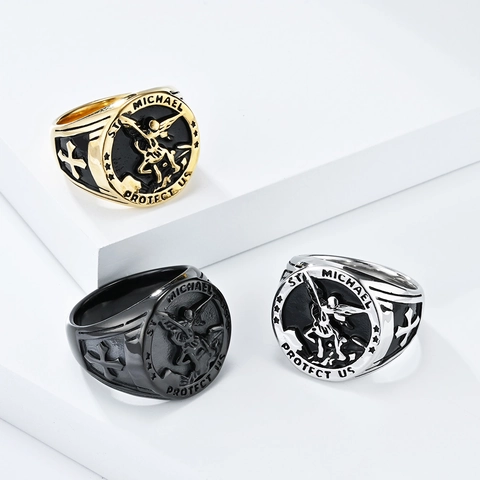 Retro St Michael Archangel Signet Ring For Men Stainless Steel Religious Shield Cross Protective Jewelry Finger Ring Gift