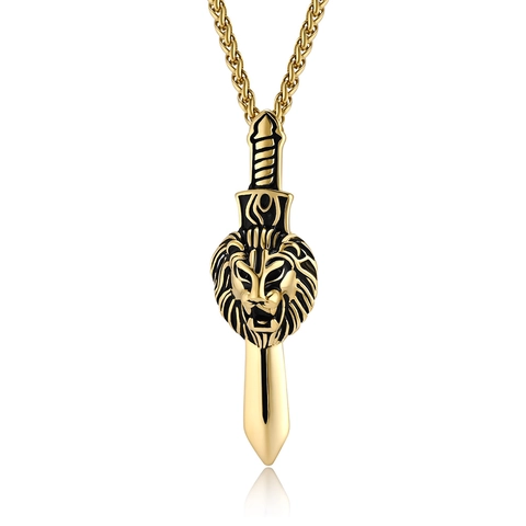 Collier en Acier Inoxydable Épée Tête de Lion Rétro pour Hommes Punk Gothique Pendentif Poignard Vintage Argent Or Noir Émail Bijoux