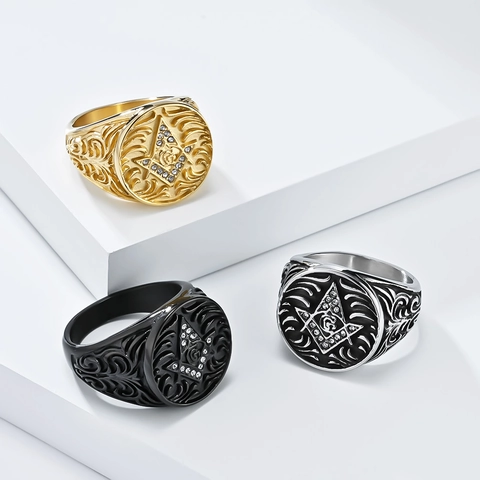 Anillo de Sello de Francmasonería Vintage de Acero Inoxidable para Hombre Escuadra Compás Letra G Estrás Oro Negro Plata Joyería