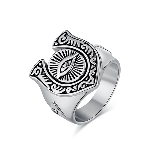 Vintage Stainless Steel All-Seeing Eye Horseshoe Ring Retro Totem Punk Style Engraved Signet Ring Jewelry For Men Women