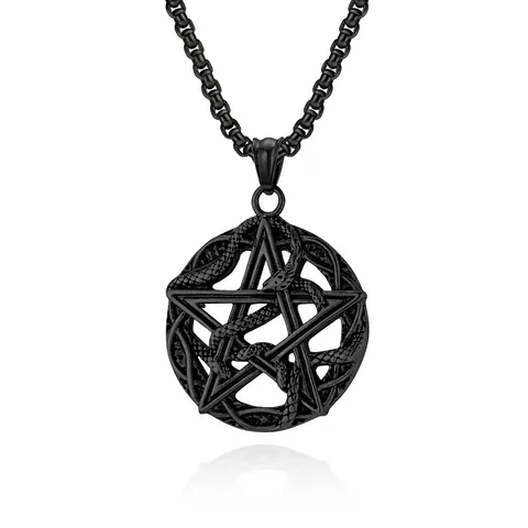 Stainless Steel Pentagram Python Snake Wrapped Satanic Pendant Necklace Gothic Retro Punk Religious Symbol Jewelry Accessory