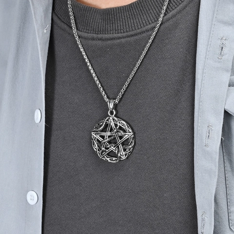 Stainless Steel Pentagram Python Snake Wrapped Satanic Pendant Necklace Gothic Retro Punk Religious Symbol Jewelry Accessory