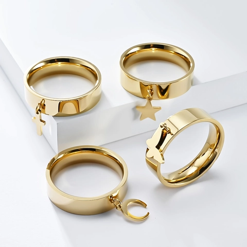 Minimalist Stainless Steel Dangle Charm Ring For Women Men Unisex Gold Silver Star Moon Butterfly Cross Polished Jewelry