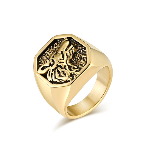 Men's Vintage Wolf Head Stainless Steel Ring Fashion Punk Relief Animal Signet Ring Gold Silver Black Jewelry Accessory