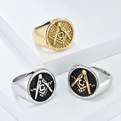 Men Masonic Ring Stainless Steel Freemasonry Signet Ring Vintage Punk G Letter Square Compass Pattern Band Ring Jewelry