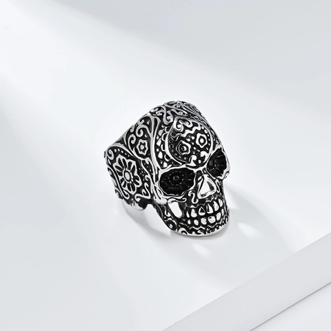 Vintage Titanstahl Totenkopf Ring Für Herren Gothic Sugar Skull Gravierter Bandring Hip Hop Biker Schmuck Gold Schwarz Silber
