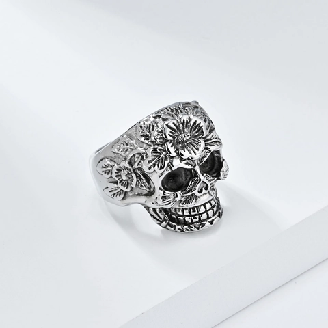 Vintage Gothic Titanstahl Totenkopf Ring Für Herren Geschnitzte Blumen Punk Rock Biker Ring Sugar Skull Schmuck Geschenk