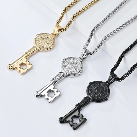 Vintage Stainless Steel Saint Benedict Medal Key Pendant Necklace Religious Cross Protection Jewelry For Men Women