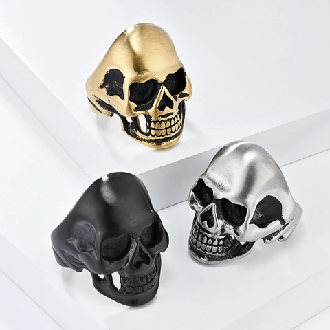 Vintage Stainless Steel Skull Ring For Men Punk Gothic Matte Brushed Biker Jewelry Personality Finger Ring Accessory Gift