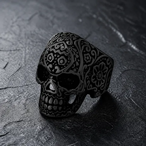 Vintage Titanstahl Totenkopf Ring Für Herren Gothic Sugar Skull Gravierter Bandring Hip Hop Biker Schmuck Gold Schwarz Silber