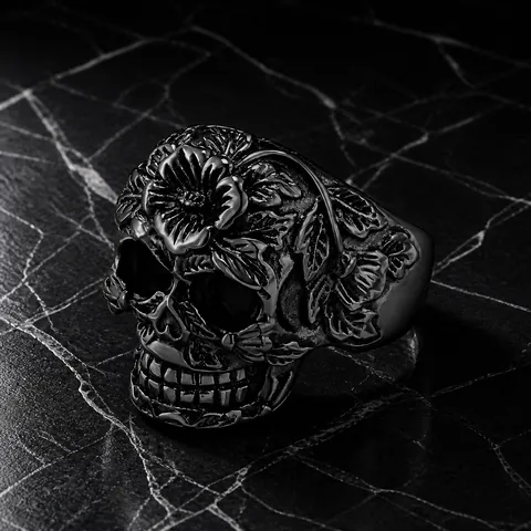 Vintage Gothic Titanstahl Totenkopf Ring Für Herren Geschnitzte Blumen Punk Rock Biker Ring Sugar Skull Schmuck Geschenk