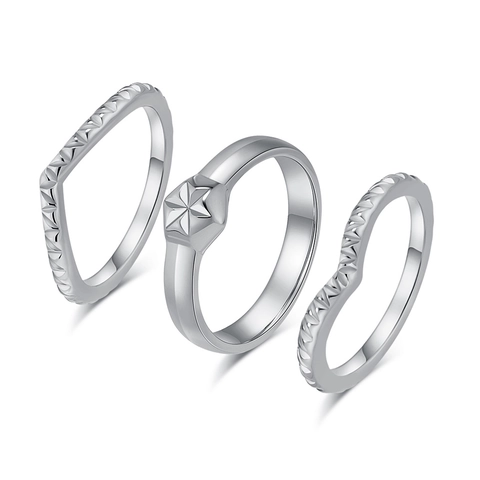 Stainless Steel Stackable Geometric Rings Set Wave V-Shape Star Pattern Rhinestone Pave Finger Rings Elegant Jewelry For Women