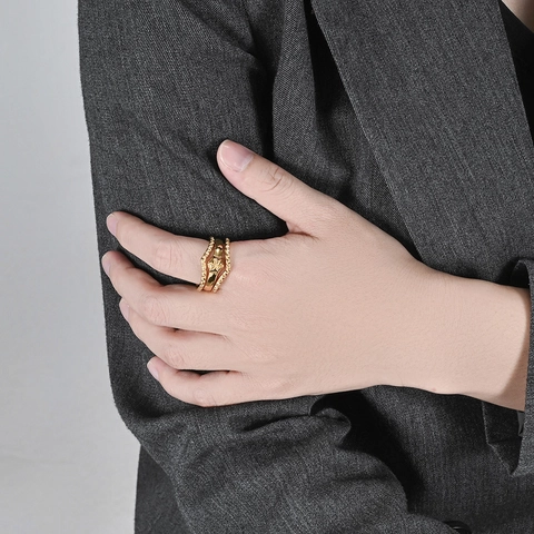Stainless Steel Stackable Geometric Rings Set Wave V-Shape Star Pattern Rhinestone Pave Finger Rings Elegant Jewelry For Women