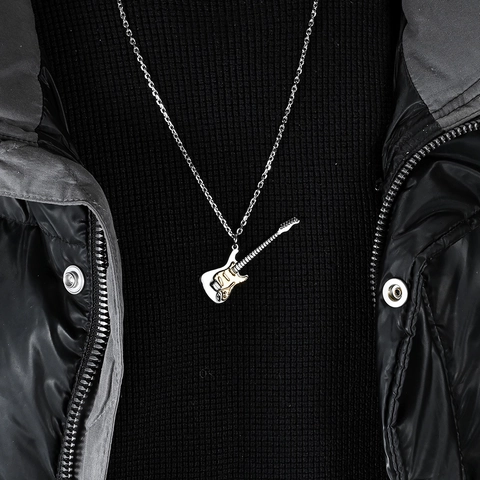 Stainless Steel Electric Guitar Pendant Necklace For Men Women Hip Hop Rock Music Jewelry Personalized Polished Guitar Charm Necklaces Gift