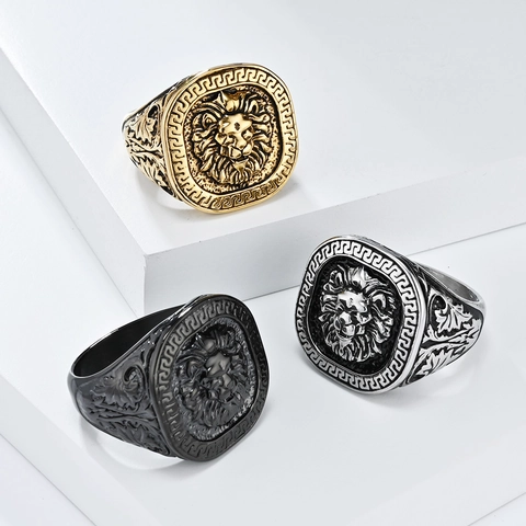 Retro Men's Stainless Steel Lion Head Signet Ring Greek Key Pattern Punk Hip Hop Domineering Band Ring For Men Jewelry