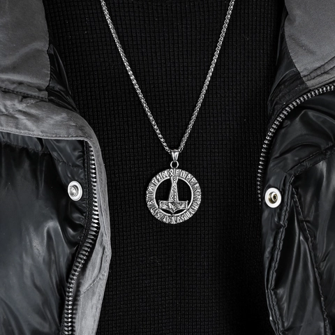 Vintage Viking Stainless Steel Necklace Men Nordic Mythology Runic Mjolnir Thor Hammer Pendant Retro Gothic Ethnic Jewelry Gift