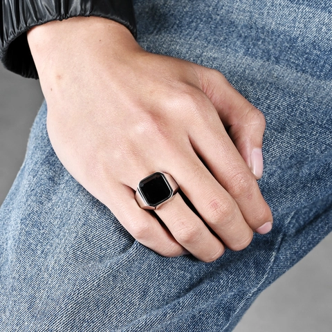 Men Stainless Steel Black Onyx Signet Ring Minimalist Square Gemstone Polished Band Industrial Style Fashion Jewelry Gift