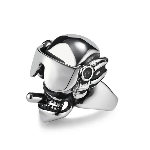 Anello con Teschio in Acciaio Inossidabile Gothic Punk per Uomo Casco da Pilota Occhiali Sigaro Scheletro Biker Gioielli