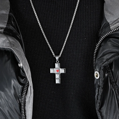 Collar de Colgante de Cruz Love You de Acero Inoxidable Pulido Con Corazón Rojo Esmalte Joyería Religiosa para Hombres Mujeres Regalo