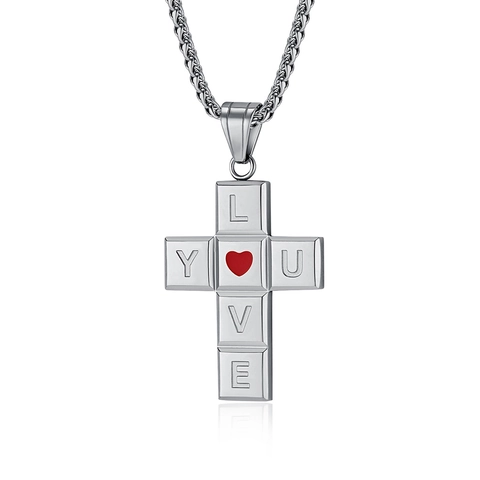 Collar de Colgante de Cruz Love You de Acero Inoxidable Pulido Con Corazón Rojo Esmalte Joyería Religiosa para Hombres Mujeres Regalo