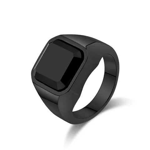 Men Stainless Steel Black Onyx Signet Ring Minimalist Square Gemstone Polished Band Industrial Style Fashion Jewelry Gift