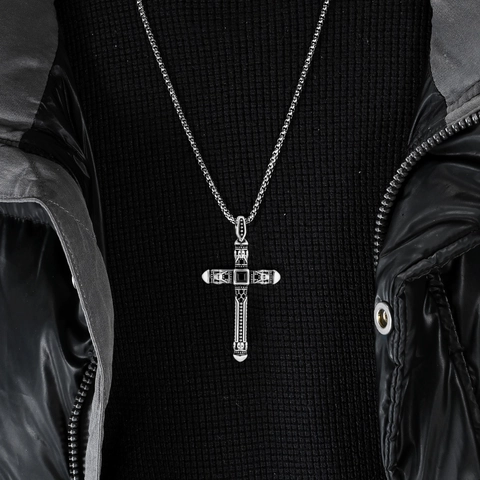 Gothic Stainless Steel Cross Pendant Necklace For Men Vintage Punk Skull Black Stone Inlaid Biker Jewelry Neckpiece Gift