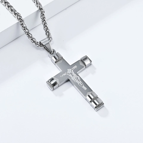 Stainless Steel Crucifix Cross Pendant Necklace Hip Hop Religious Jesus Embossed Polished Jewelry For Men Women Daily Wear