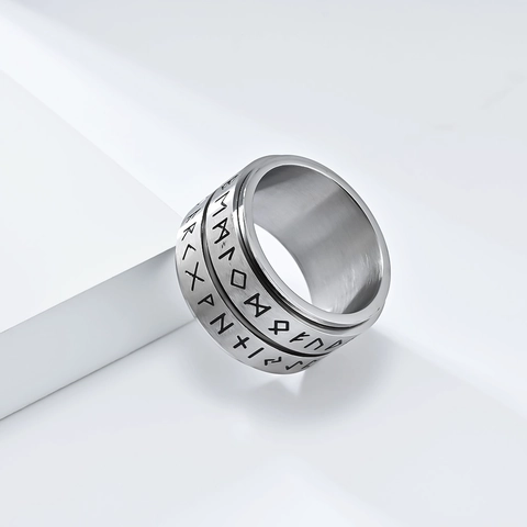 Vintage Noordse Viking Rune Spinner Ring Roestvrij Staal Antiek Zilver Brede Band Futhark Symbolen Sieraden Voor Heren