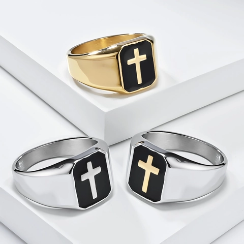 Retro Stainless Steel Cross Signet Ring For Men Gold Silver Two Tone Black Enamel Religious Punk Gothic Finger Ring Jewelry