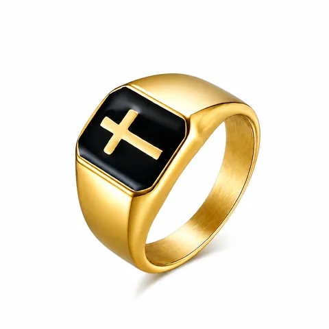 Retro Stainless Steel Cross Signet Ring For Men Gold Silver Two Tone Black Enamel Religious Punk Gothic Finger Ring Jewelry