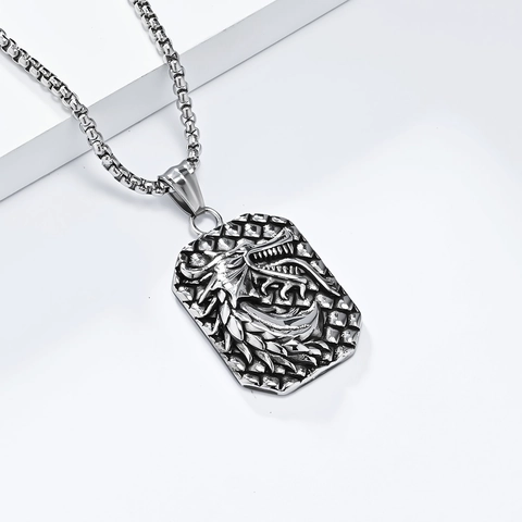 Collana Con Pendente a Targhetta Rettangolare in Acciaio Inossidabile Con Rilievo Testa di Drago Vintage Per Uomo