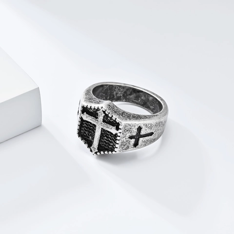 Vintage Stainless Steel Cross Shield Signet Ring For Men Women Gothic Punk Polished Band Ring Daily Party Jewelry Gift
