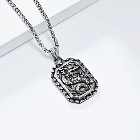 Retro Stainless Steel Chinese Dragon Relief Rectangular Pendant Necklace For Men Vintage Zodiac Style Jewelry Accessory