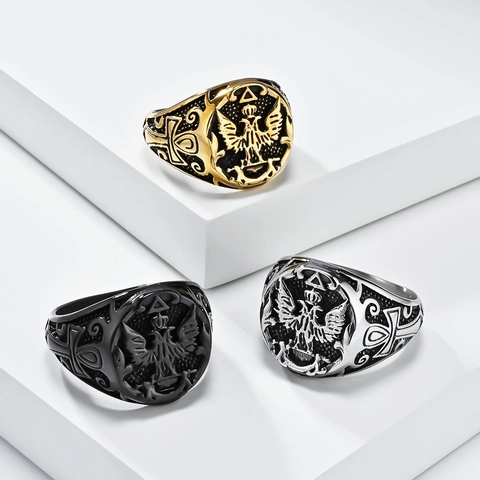 Retro Stainless Steel Double Headed Eagle Signet Ring For Men Gothic Ankh Cross Pattern Punk Biker Statement Jewelry