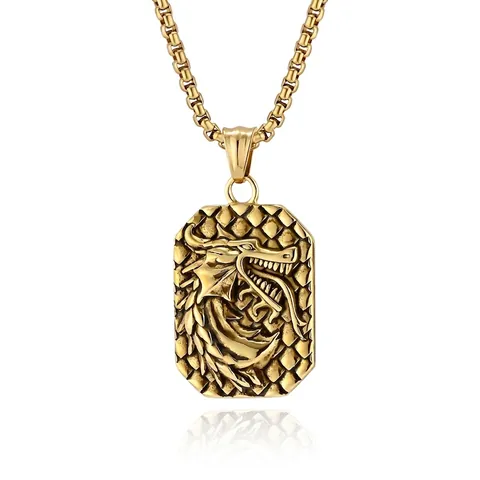 Collana Con Pendente a Targhetta Rettangolare in Acciaio Inossidabile Con Rilievo Testa di Drago Vintage Per Uomo