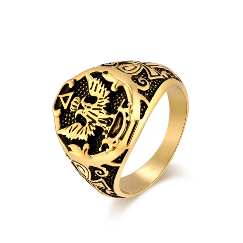 Retro Stainless Steel Double Headed Eagle Signet Ring For Men Gothic Ankh Cross Pattern Punk Biker Statement Jewelry